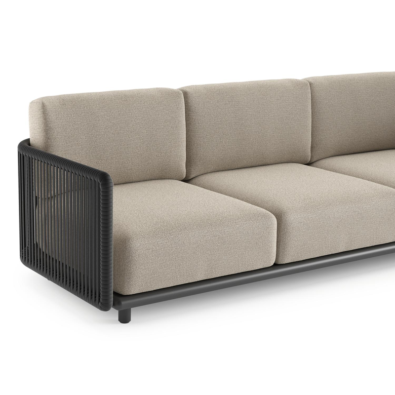 Salon de jardin Organo en aluminium noir et corde luxe plate tissée verticalement noir et coussin en all weather Cosytica catania sand