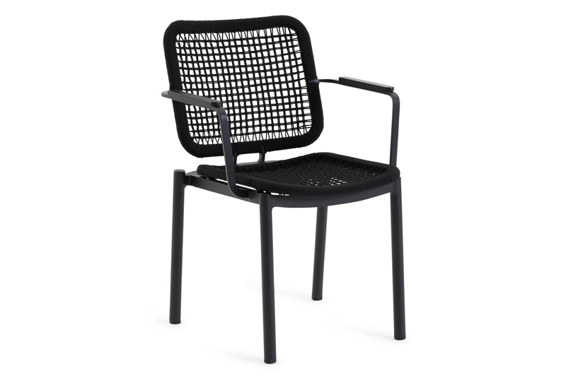 Fano stapelbare tuinstoel in zwart aluminium en zwart vierkant geweven rope