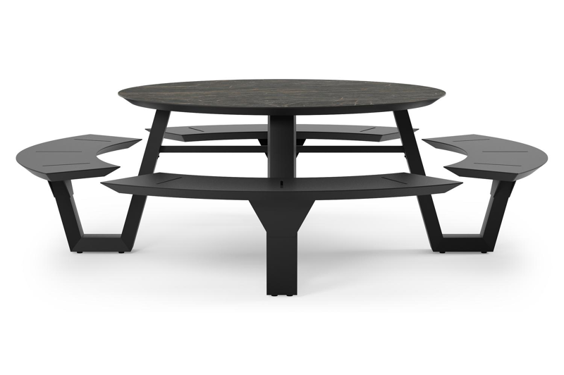Rondino picknicktafel in zwart aluminium en volkeramiek black obsession tafelblad - Ø 236 x H 71,5 cm
