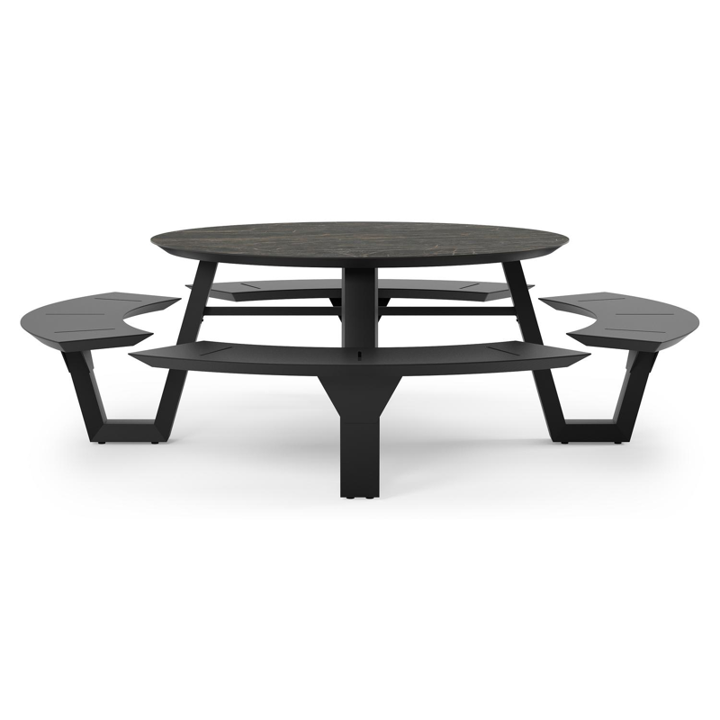 Rondino picknicktafel in zwart aluminium en volkeramiek black obsession tafelblad - Ø 236 x H 71,5 cm