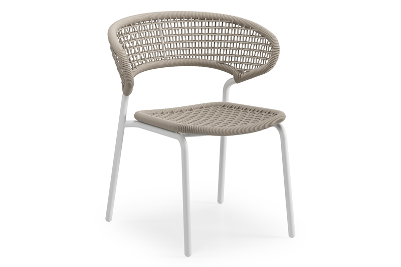 Donato XL tuinstoel in wit aluminium en beige vierkant geweven ronde rope