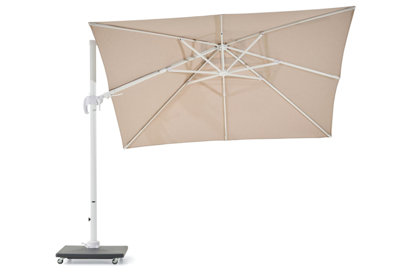 Avola zweefparasol met tiltfunctie in wit aluminium en natural Weather+ Softtouch parasoldoek - L1 300 x L2 300 cm met Avola parasolvoet 90 kg