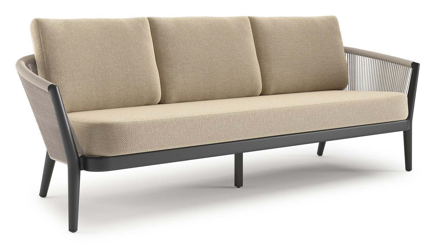 Orso loungebank in zwart aluminium en beige verticaal geweven ronde rope met Althea Camel all weather cosytica kussen