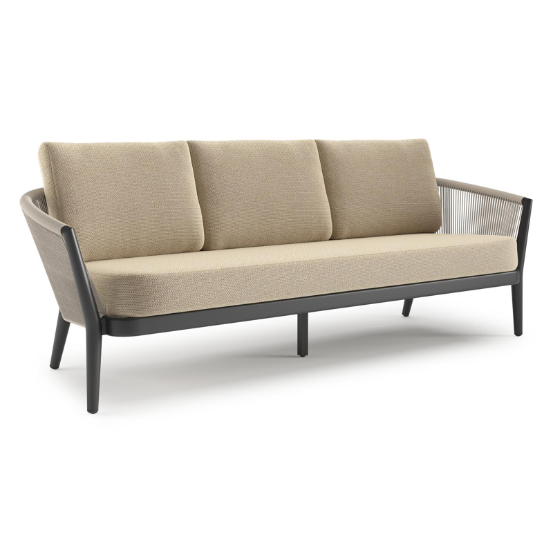 Orso loungebank in zwart aluminium en beige verticaal geweven ronde rope met Althea Camel all weather cosytica kussen