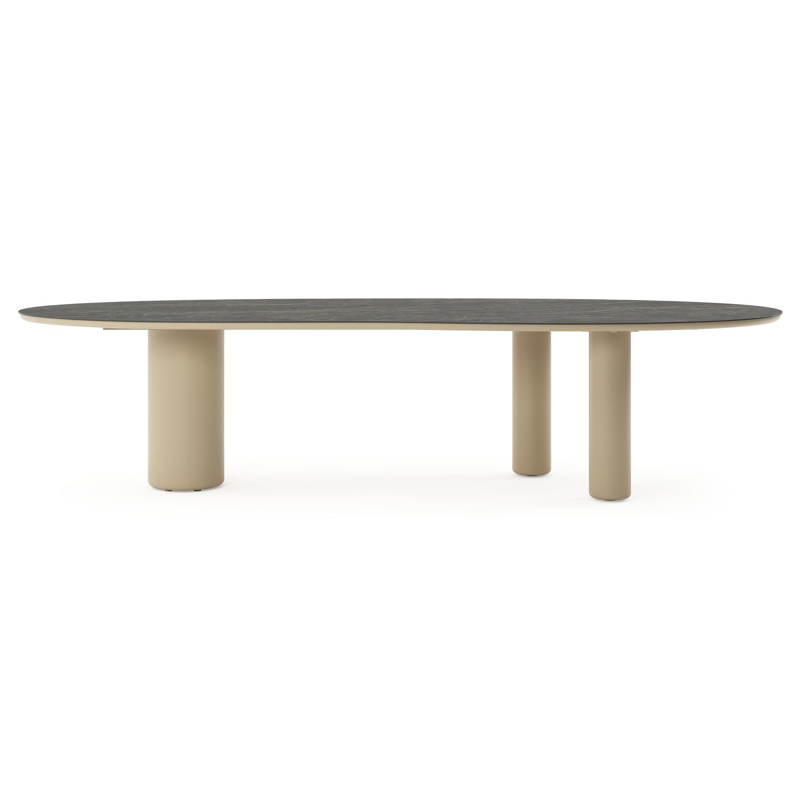 Table de jardin Amico organique en aluminium beige et céramique pleine Black Obsession - Lg. 320 x Lrg. 120 x Haut. 73.5 cm
