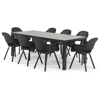 Varese tuinset in zwart aluminium en grijs keramisch glas tafelblad met 8 Artena tuinstoelen