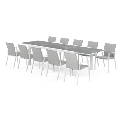 Calobra tuinset met verlengbare tafel in wit aluminium en grijs glas tafelblad met 10 stapelbare Madura tuinstoelen