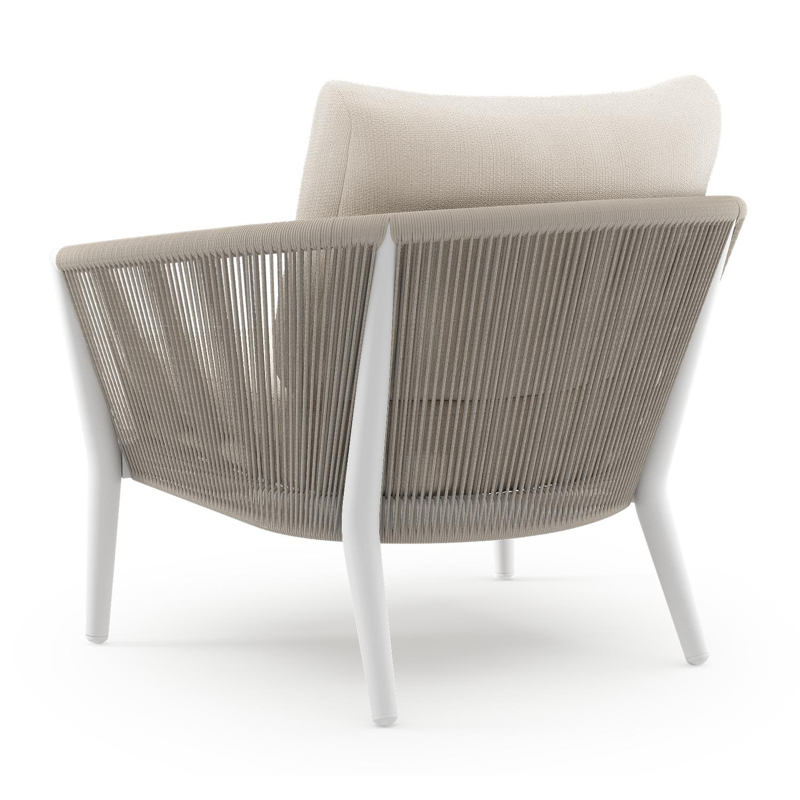 Fauteuil de jardin Orso en aluminium blanc en corde ronde tissée verticalement beige et coussins en all weather sunbrella® luxe Lopi Snow