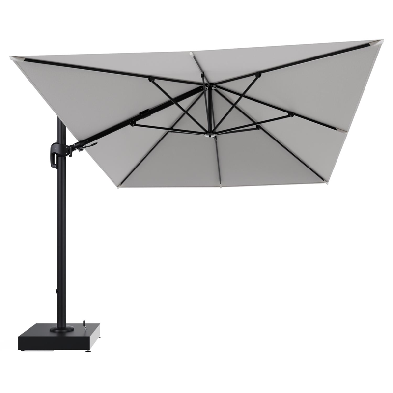 Rufina zweefparasol met tiltfunctie in zwart aluminium en Soul Optik All Weather Solica parasoldoek - L1 400 x L2 300 cm met parasolvoet Minore 150 kg met wielen