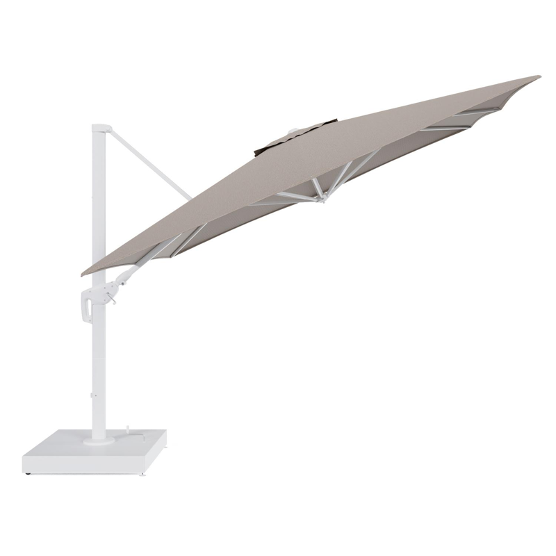 Parasol pendant Minore avec fonction tilt en aluminium blanc et toile de parasol All Weather Solica Firenze Earth - Lg.1: 350 x Lg.2: 350 cm avec pied de parasol Minore 260 kg avec roulettes