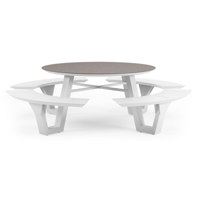 Rondino picknicktafel rond in wit aluminium en volkeramiek Wulong - Dia. 236 x H 71.5 cm