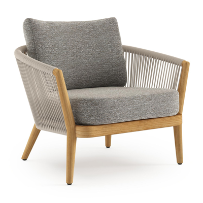 Fauteuil de jardin Orso en tecken corde ronde tissée verticalement beige et coussins en all weather sunbrella® luxe Tundra Pepper