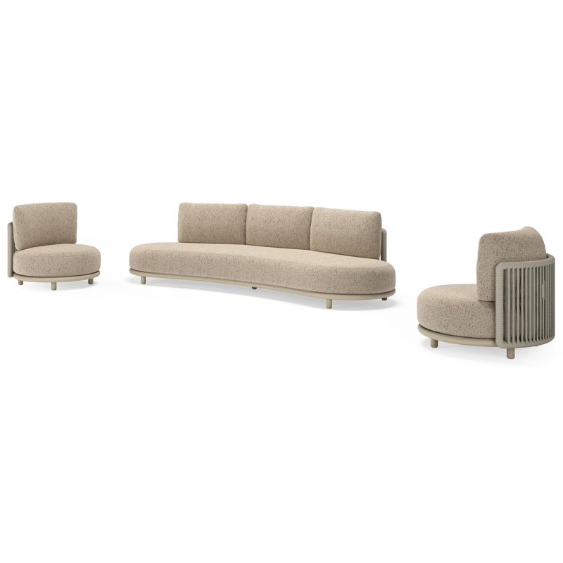 Lomano loungeset in beige aluminium en beige verticaal geweven luxe vlakke rope met Bora Jungle all weather cosytica
