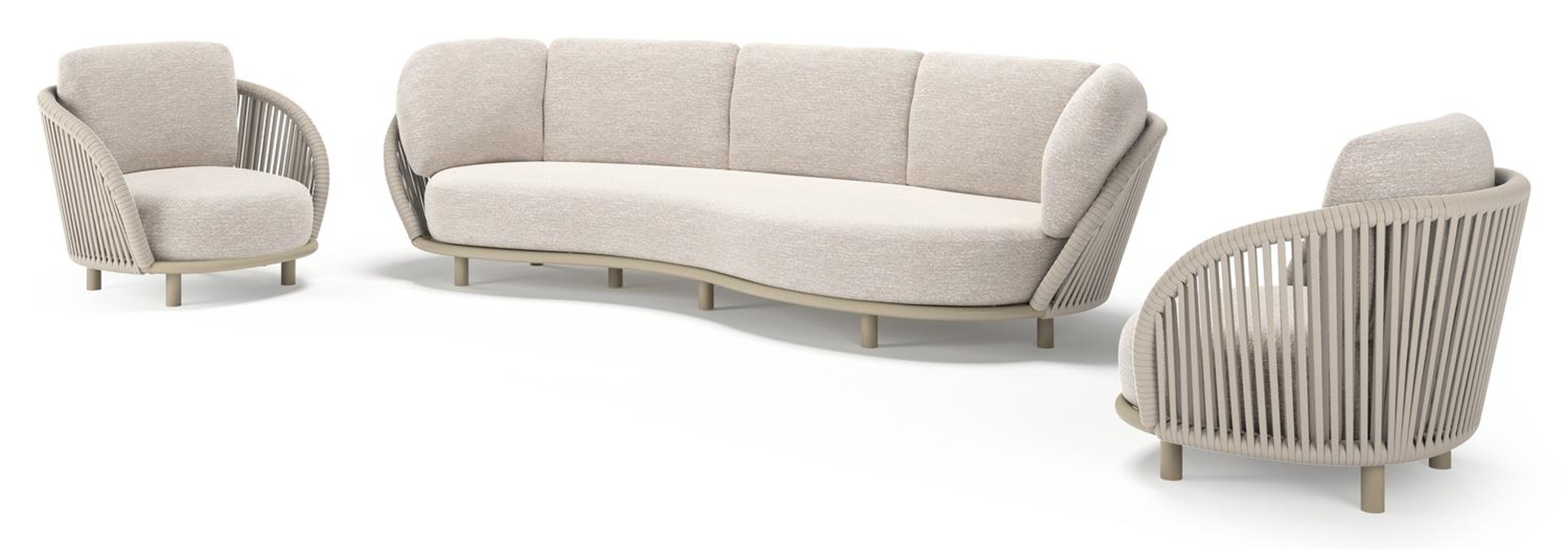 Salon de jardin Lupino en aluminium beige et corde large plate de luxe tissée verticalement beige et coussins en all weather sunbrella® luxe tundra sand