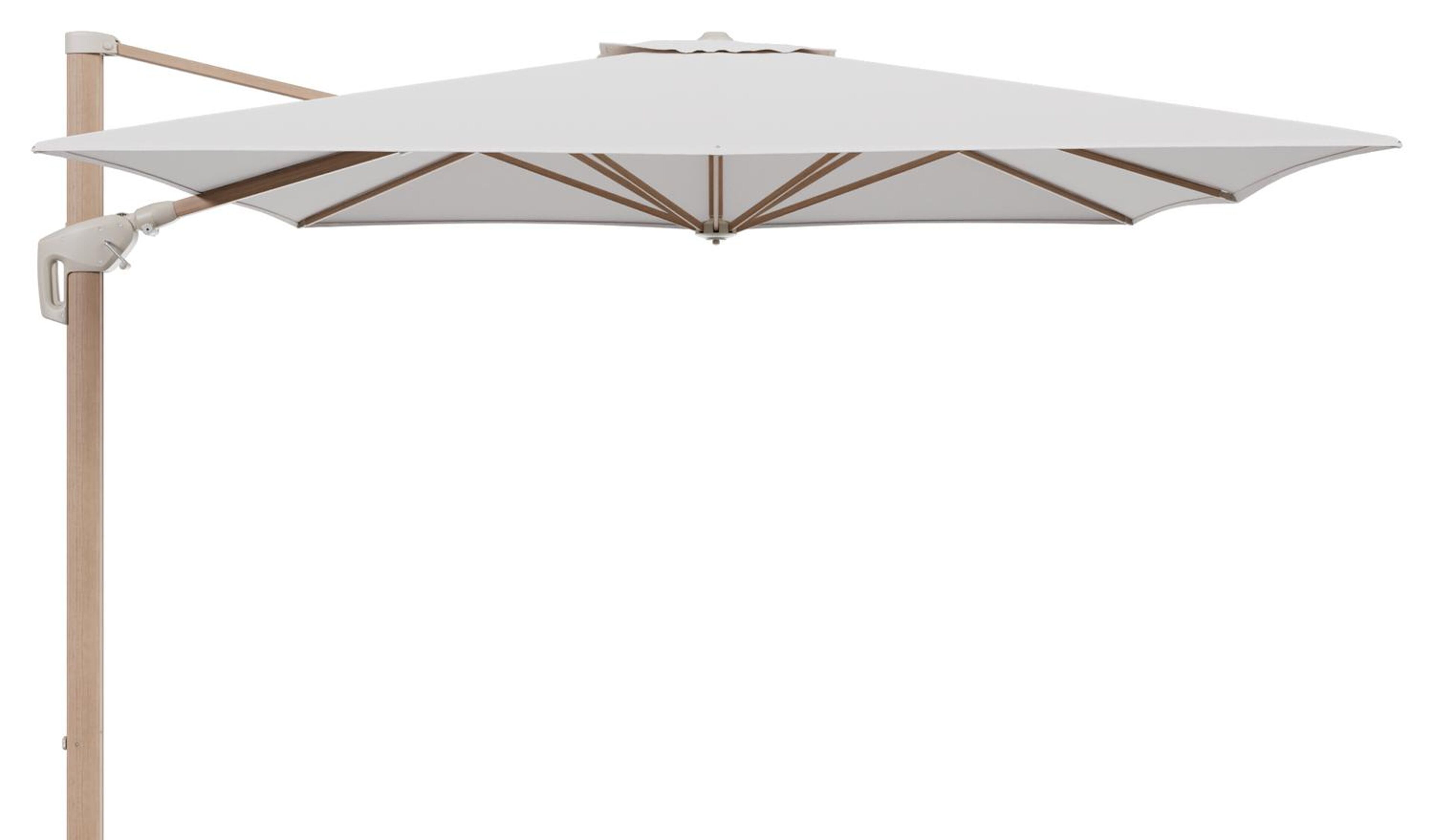 Minore zweefparasol met tiltfunctie in houtlook aluminium en Ego Eggshell All Weather Solica parasoldoek - L1 350 x L2 350 cm (zonder voet) (zonder voet)