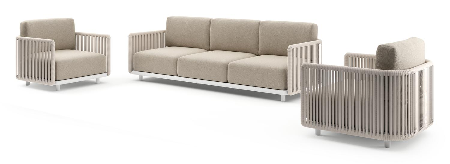 Organo loungeset in wit aluminium en beige verticaal geweven luxe vlakke rope met marbella beige all weather Cosytica kussen