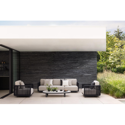 Organo loungebank 3-zit in zwart aluminium en zwart verticaal geweven luxe vlakke rope met chartres sooty all weather sunbrella® luxe kussen