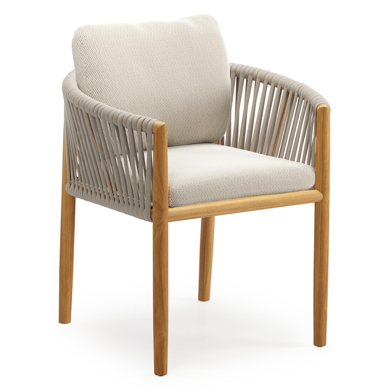 Organo tuinstoel in beige teak en beige verticaal geweven luxe vlakke rope met kussen in All Weather Sunbrella® Luxe Lopi Marble