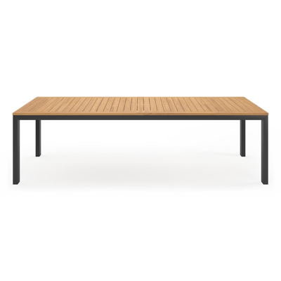 Trente tuinset in zwart aluminium en naturel teak tafelblad met 10 stapelbare Calobra tuinstoelen