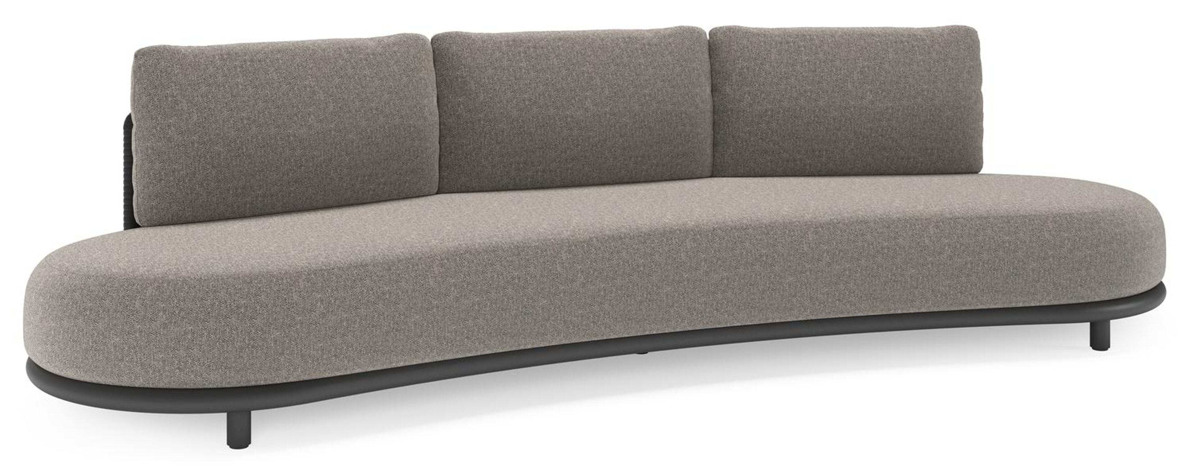 Lomano loungebank in zwart aluminium en zwart verticaal geweven luxe vlakke rope met chartres drizzle all weather sunbrella® luxe kussen