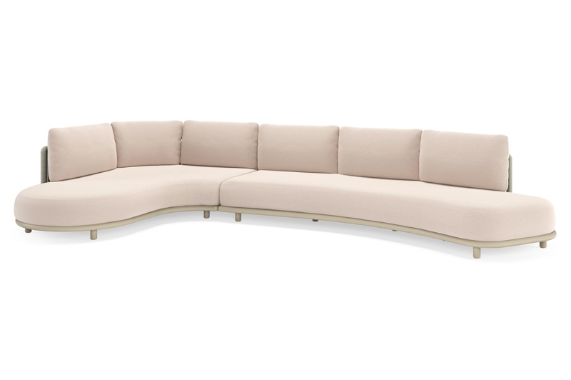 Lomano loungehoek in beige aluminium en beige verticaal geweven luxe vlakke rope met Wander Pilat all weather sunbrellaÂ® luxe