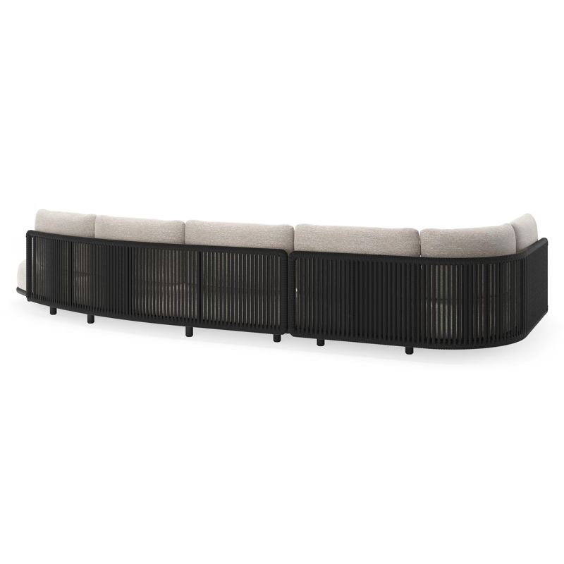 Salon de jardin d'angle Lomano en aluminium noir et corde luxe plate tissée verticalement noir et coussins en all weather sunbrella® luxe tundra sand