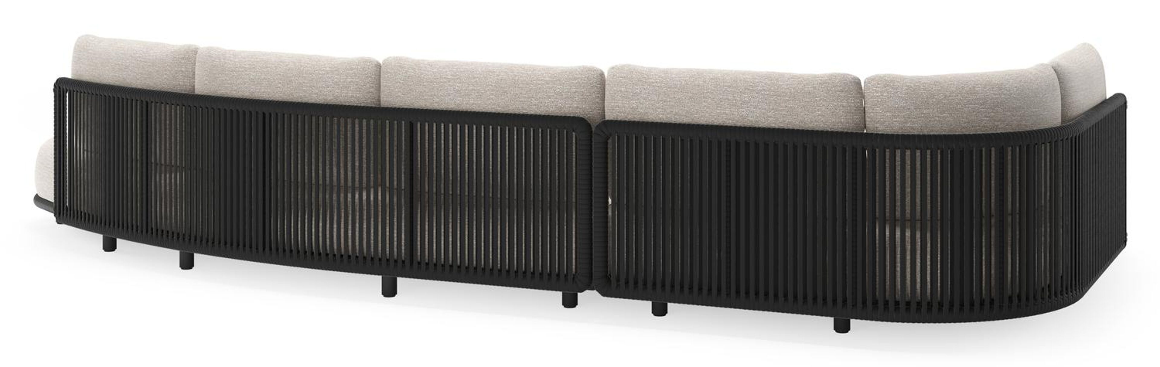 Salon de jardin d'angle Lomano en aluminium noir et corde luxe plate tissée verticalement noir et coussins en all weather sunbrella® luxe tundra sand