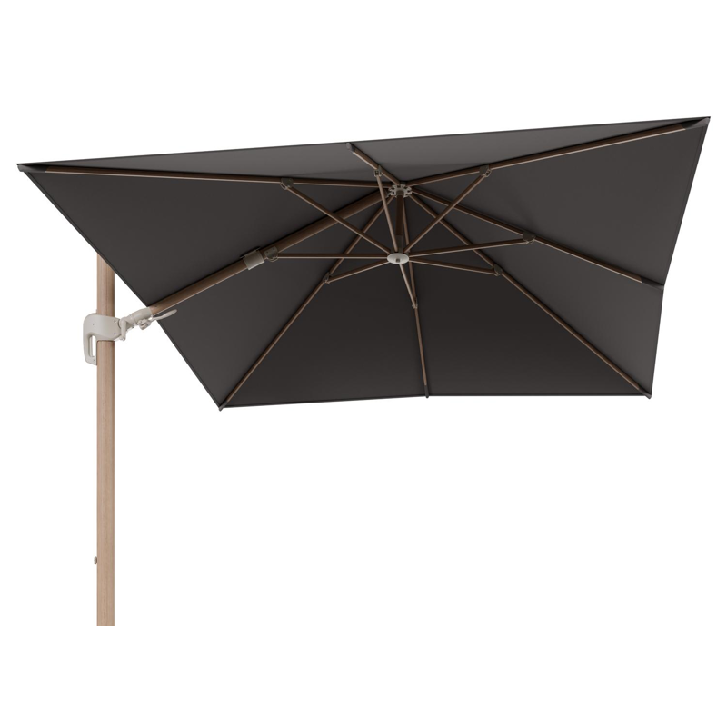 Rufina zweefparasol tiltfunctie in houtlook aluminium en parasoldoek in All Weather Sunbrella® Luxe Natte Nature Grey  - L1 300 x L2 300 cm (zonder voet)
