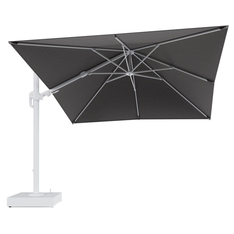 Rufina zweefparasol met tiltfunctie in wit aluminium en Chartres Drizzle All Weather Sunbrella® Luxe parasoldoek - L1 300 x L2 300 cm met parasolvoet Minore 150 kg met wielen