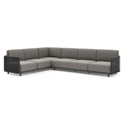 Salon de jardin d'angle Organo en aluminium noir et corde luxe plate tissée verticalement noir et coussin en all weather Sunbrella® luxe chartres drizzle