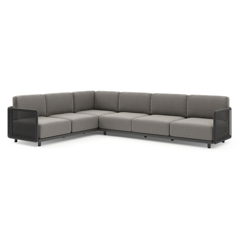 Salon de jardin d'angle Organo en aluminium noir et corde luxe plate tissée verticalement noir et coussin en all weather Sunbrella® luxe chartres drizzle