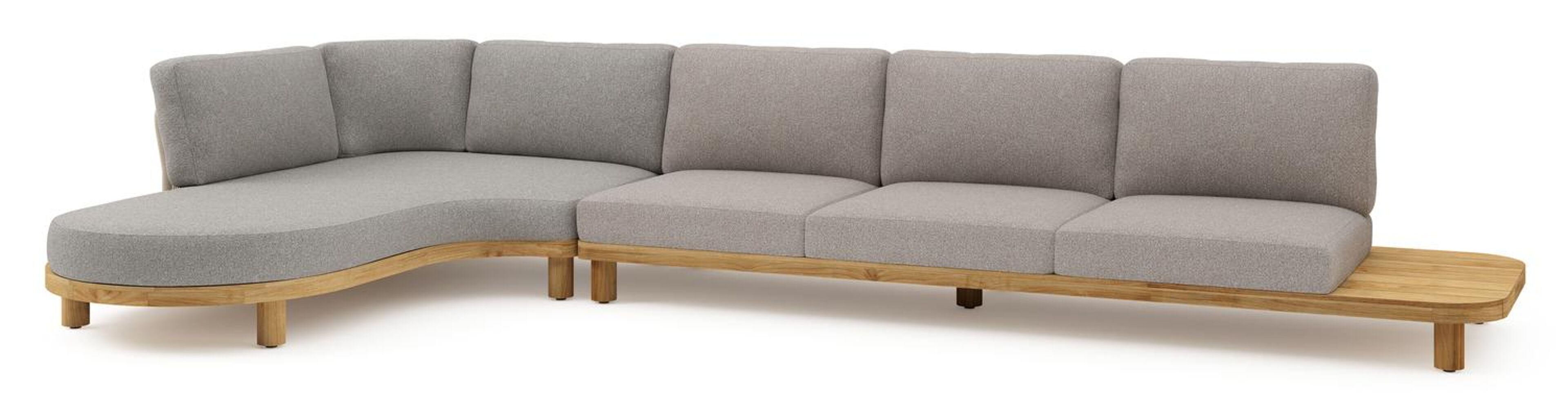 Donato loungehoek in teak en beige verticaal geweven ronde rope met all weather sunbrella® luxe Tundra Charcoal kussen