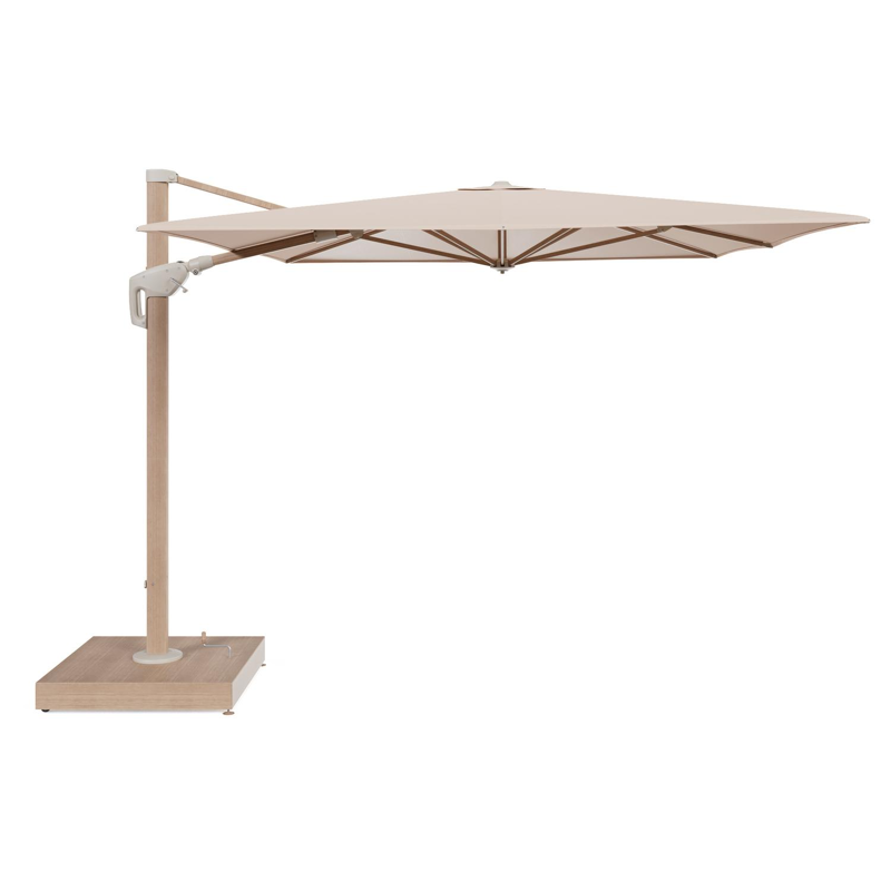 Minore zweefparasol met tiltfunctie in houtlook aluminium en Natte Linen Chalk All Weather Sunbrella® Luxe parasoldoek - L1 400 x L2 300 cm met parasolvoet Minore 260 kg met wielen