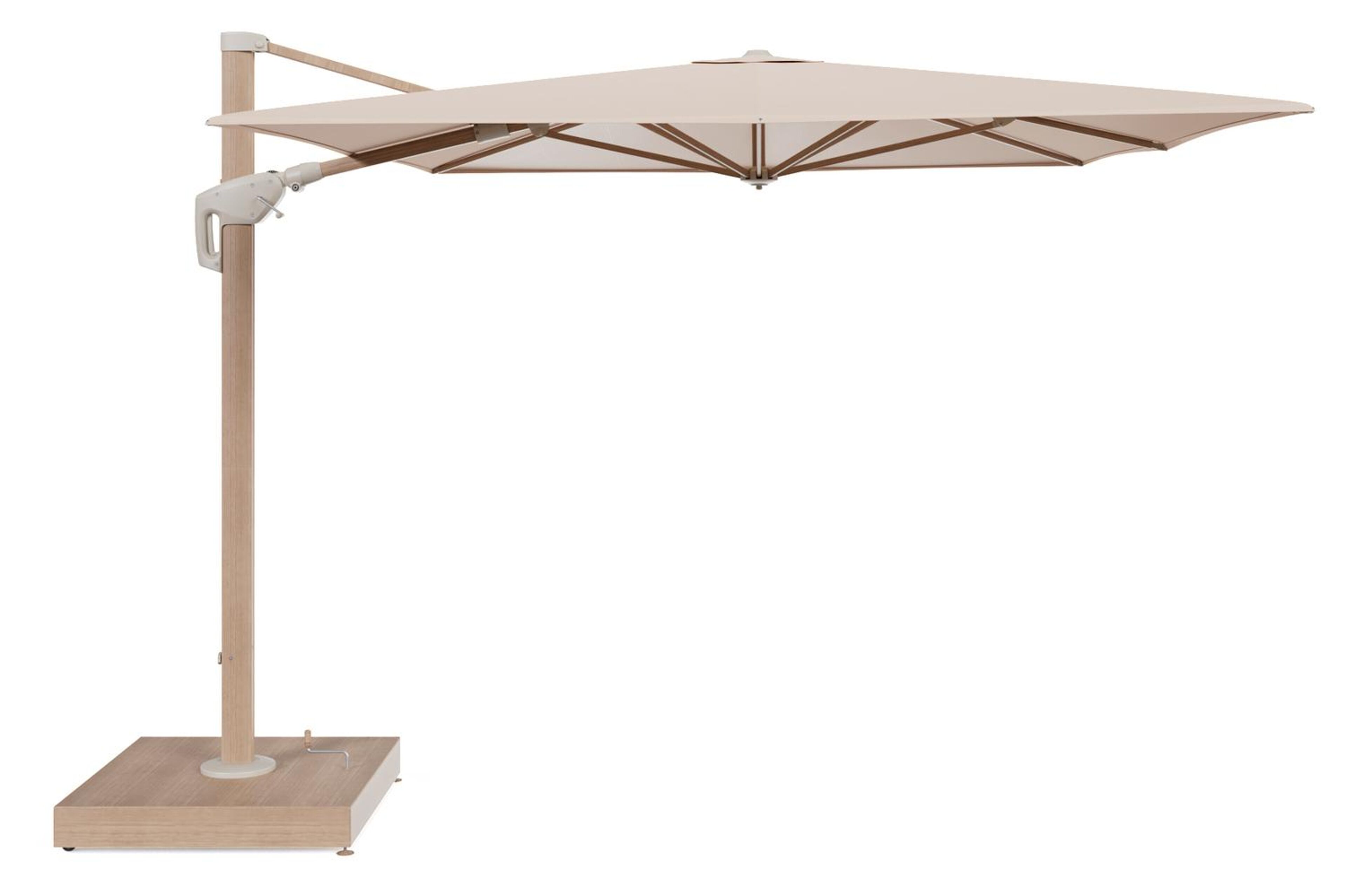 Minore zweefparasol met tiltfunctie in houtlook aluminium en Natte Linen Chalk All Weather Sunbrella® Luxe parasoldoek - L1 400 x L2 300 cm met parasolvoet Minore 260 kg met wielen