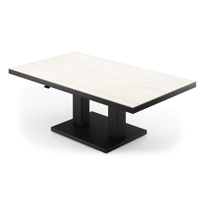 Cirello pop-up loungetafel rechthoekig in zwart aluminium en volkeramiek Travertino Bianco - L 140 x B 80 x H 49.7 cm