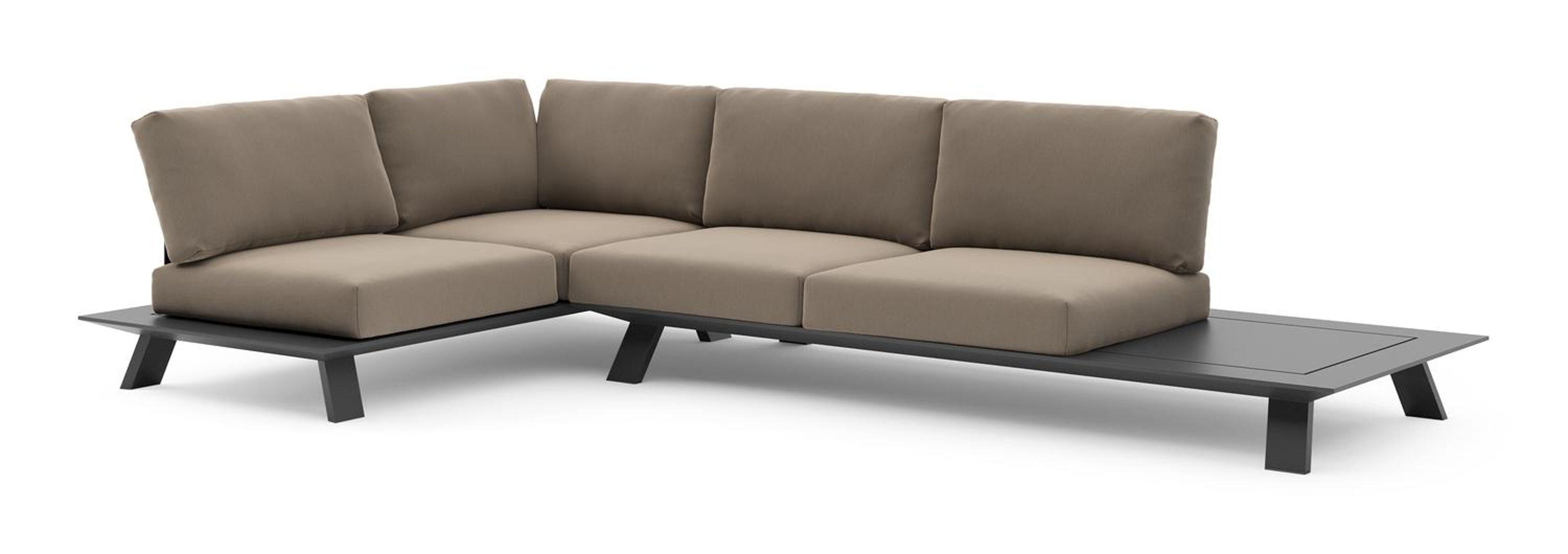 Cesano loungehoek in zwart aluminium met natte heather grey all weather Sunbrella® luxe kussen