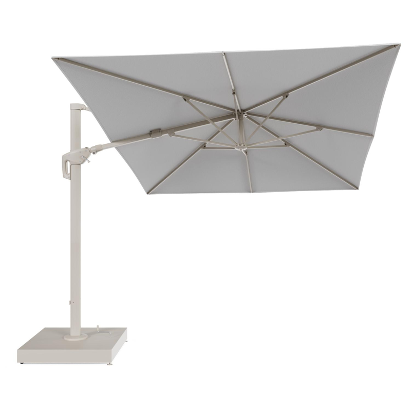 Minore zweefparasol met tiltfunctie in beige aluminium en beige All Weather Sunbrella® Premium parasoldoek - L1 400 x L2 300 cm met parasolvoet Minore 260 kg met wielen