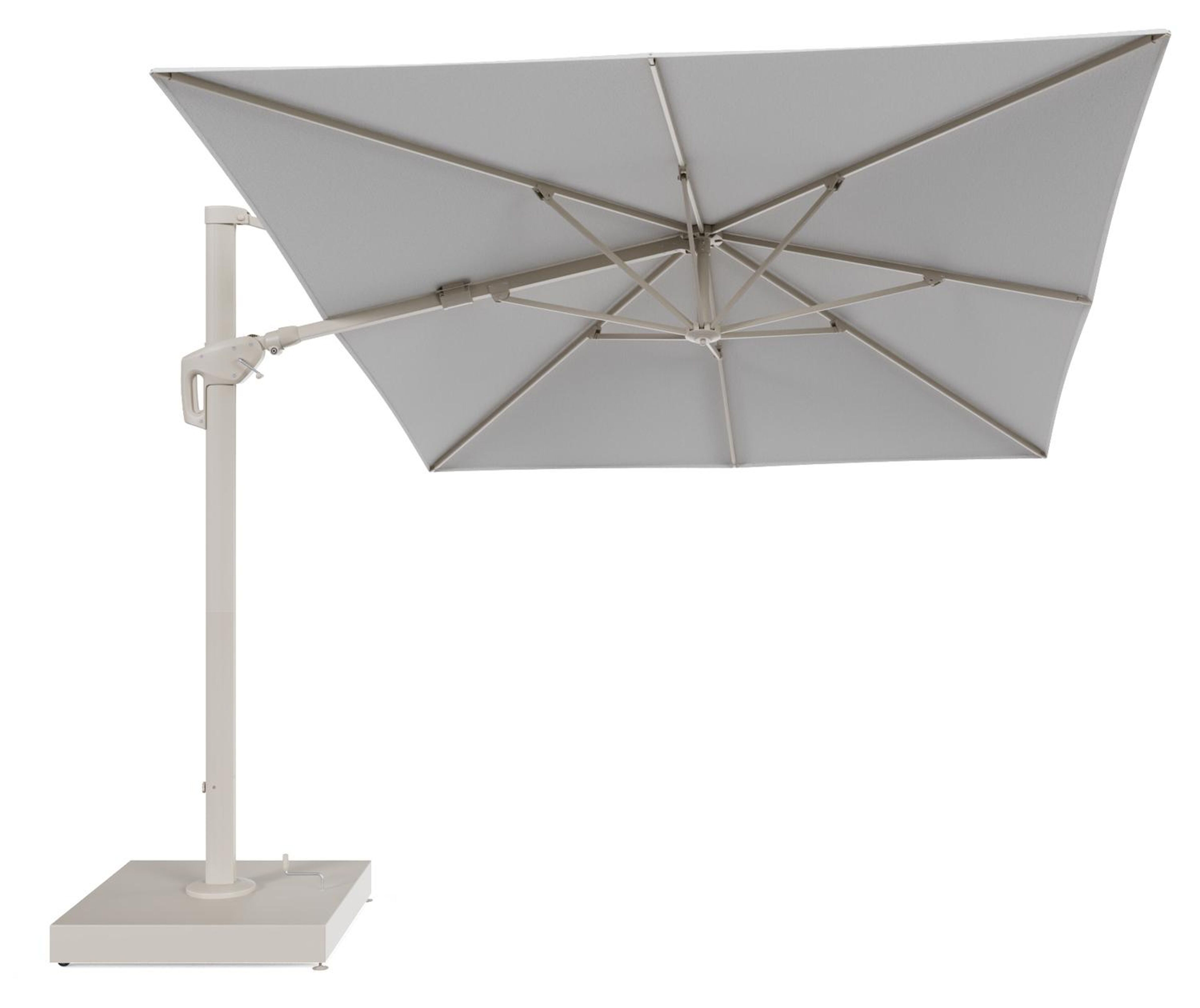 Minore zweefparasol met tiltfunctie in beige aluminium en beige All Weather Sunbrella® Premium parasoldoek - L1 400 x L2 300 cm met parasolvoet Minore 260 kg met wielen