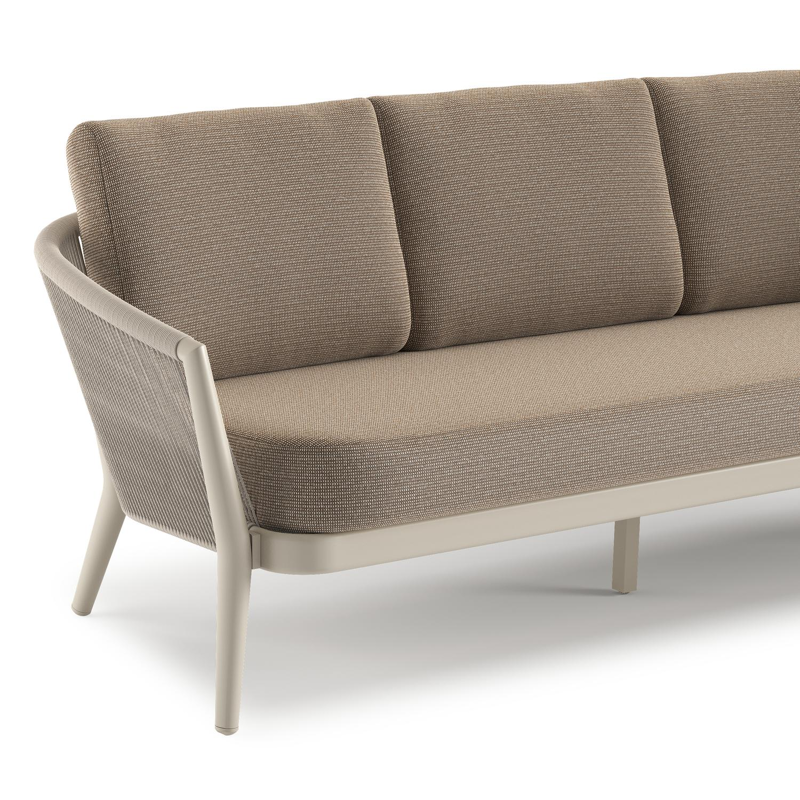 Orso loungebank in beige aluminium en beige verticaal geweven ronde rope met Firenze Earth all weather solica kussen