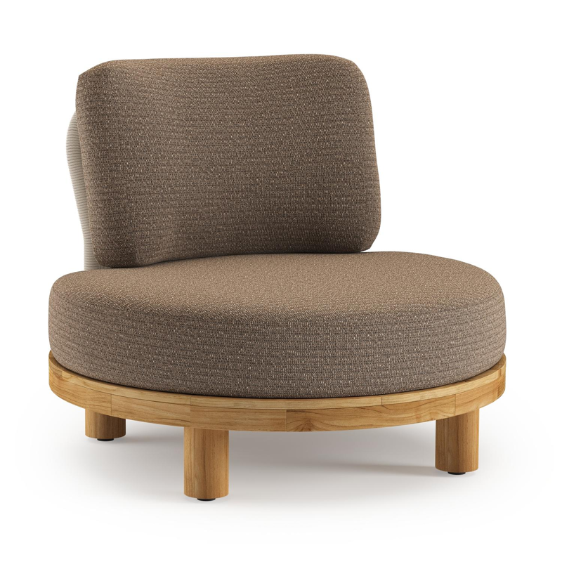 Donato loungestoel in teak en beige verticaal geweven ronde rope met all weather solica Firenze Bamboe kussen