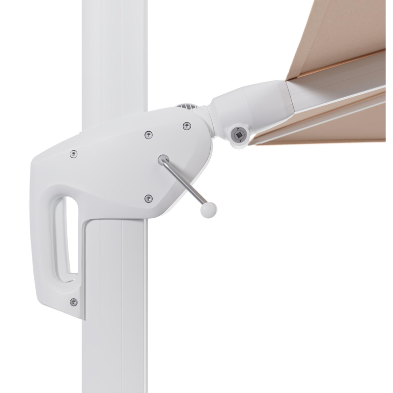 Minore zweefparasol tiltfunctie in wit aluminium en parasoldoek in All Weather Sunbrella® Luxe Natte Linen Chalk  - L1 280 x L2: 370 cm (zonder voet)