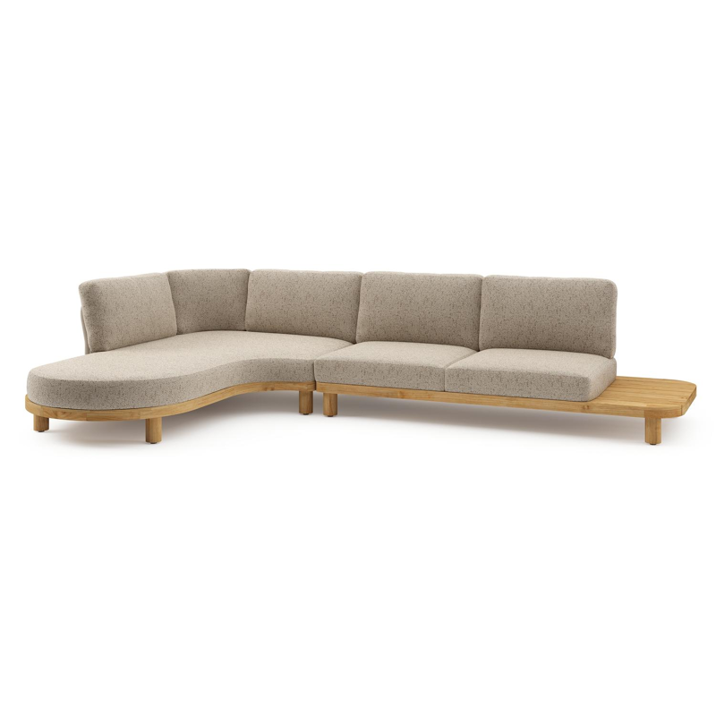 Donato loungehoek in teak en beige verticaal geweven ronde rope met all weather cosytica Bora Jungle kussen