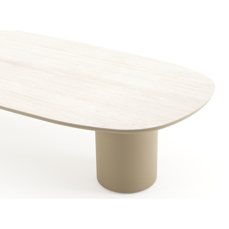 Amico low dining tuintafel bombo in beige aluminium en volkeramiek Travertino Bianco - L 320 x B 130 x H 61 cm