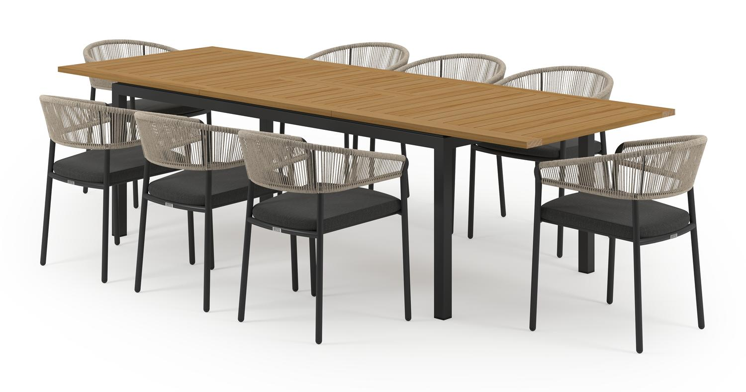 Amalfi tuinset met verlengbare tafel in zwart aluminium en teak tafelblad met 8 stapelbare Zamora tuinstoelen