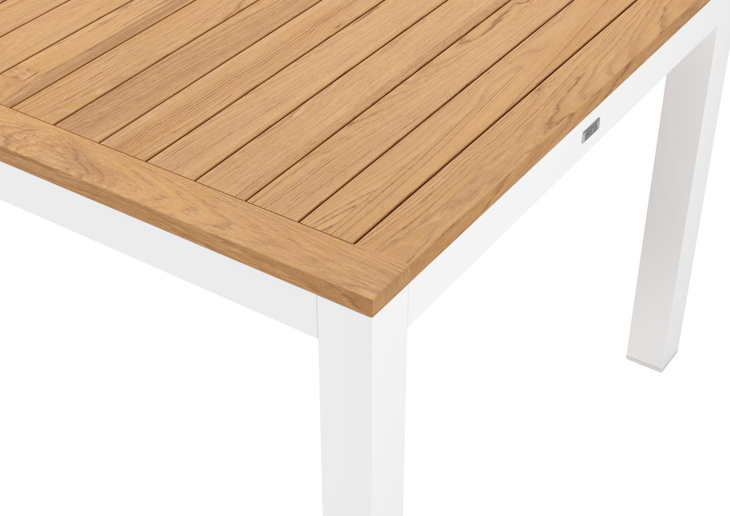 Varese tuinset in wit aluminium en naturel teak tafelblad met 10 stapelbare Calobra tuinstoelen