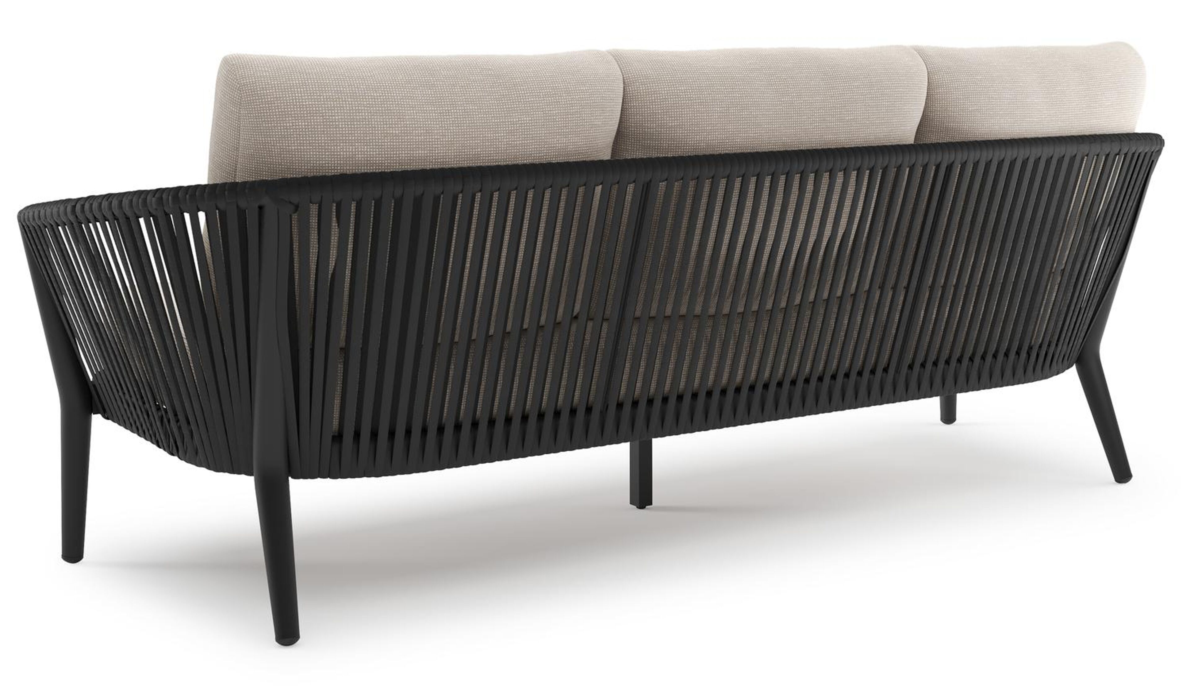 Orso loungeset in zwart aluminium en zwart verticaal geweven luxe vlakke rope met Slow Farafra all weather sunbrella® luxe kussen