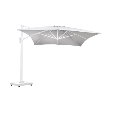 Rufina zweefparasol in wit aluminium met natte grey chine all weather sunbrella® luxe parasoldoek - L1 300 x L2 400 cm (met voet)