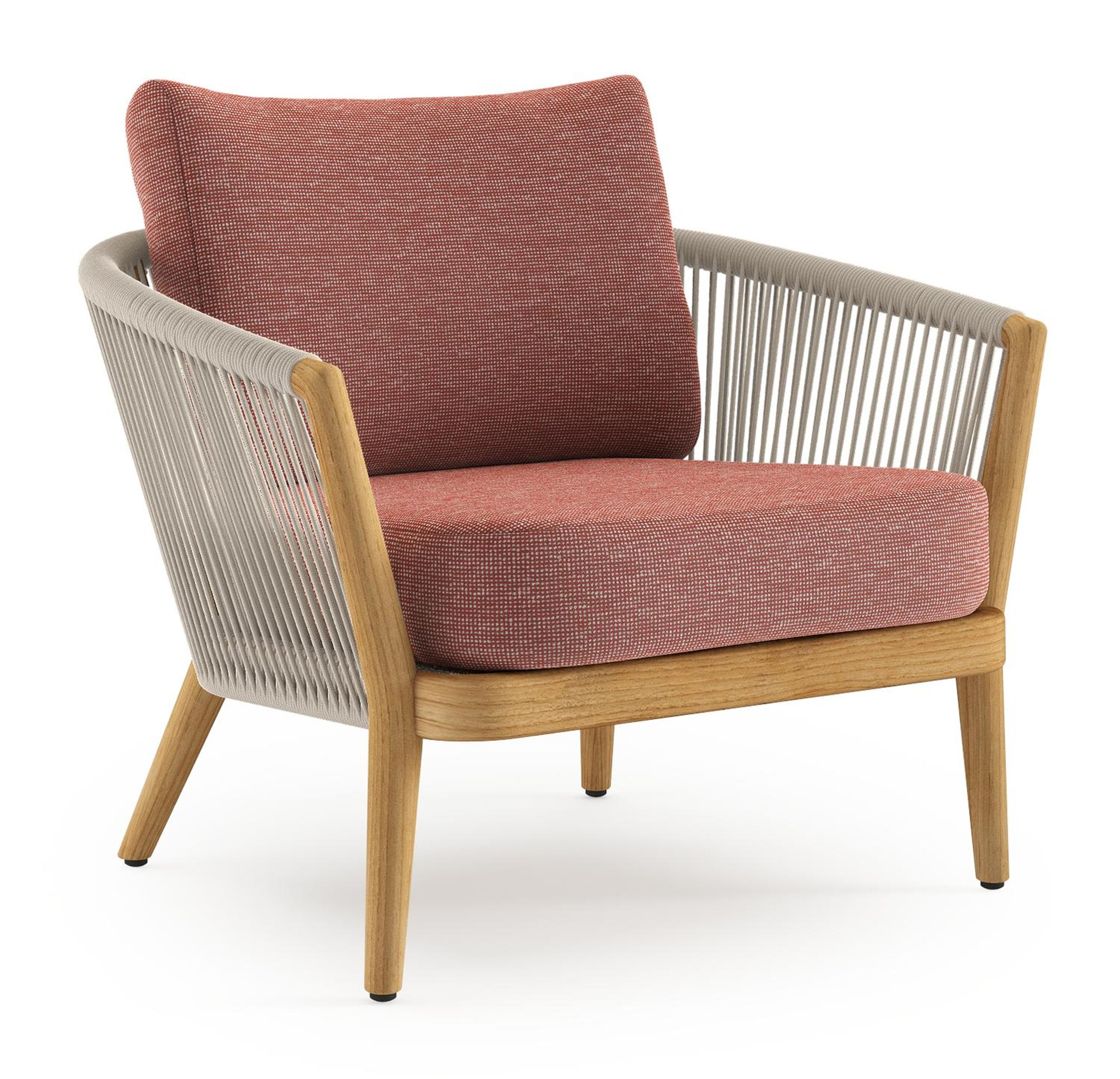 Fauteuil de jardin Orso en tecken corde ronde tissée verticalement beige et coussins en all weather sunbrella® luxe Slow Alezan