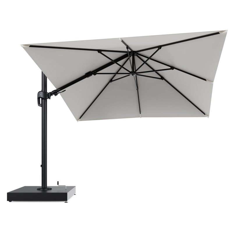 Rufina zweefparasol met tiltfunctie in zwart aluminium en Natte White All Weather Sunbrella® Luxe parasoldoek - L1 300 x L2 300 cm met parasolvoet Minore 260 kg met wielen