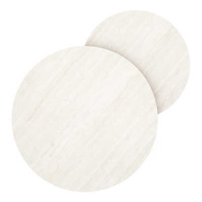 Ensemble de 2 tables d'appoint Lacrima ronde en noir aluminium et céramique pleine Travertino Bianco - Diam. 85 x Haut. 35 cm